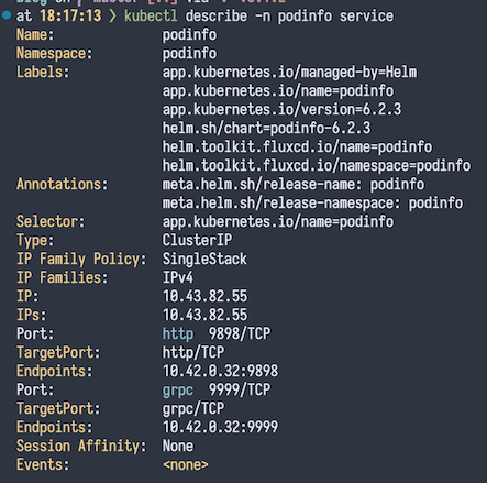 Kubecolor-Ausgabe von kubectl describe service podinfo